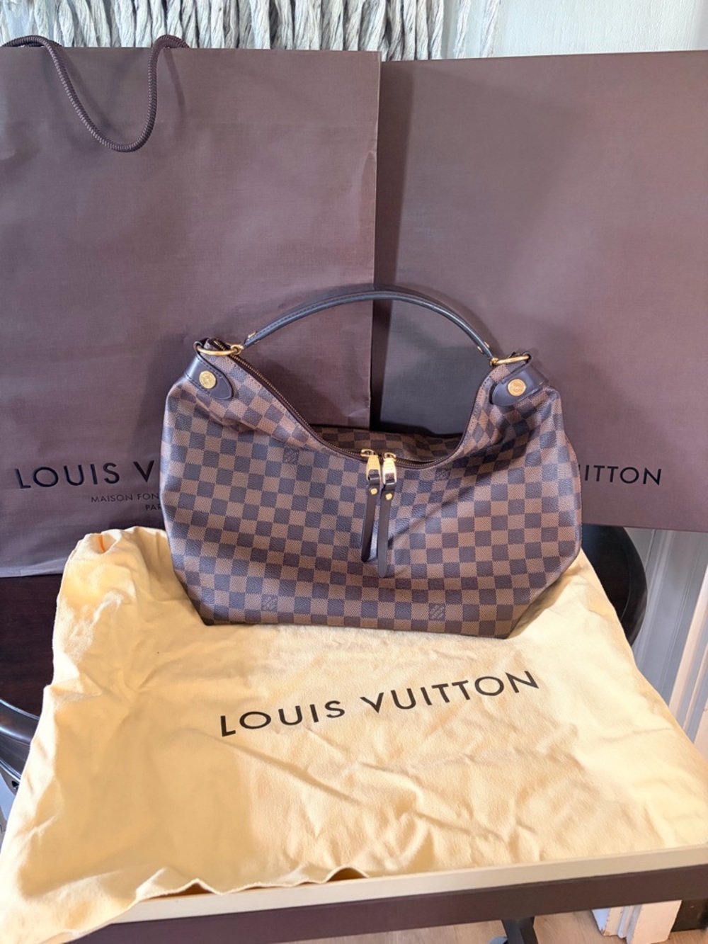 Louis Vuitton Damier Ebene Shoulder Hobo Bag in Dark Brown Check